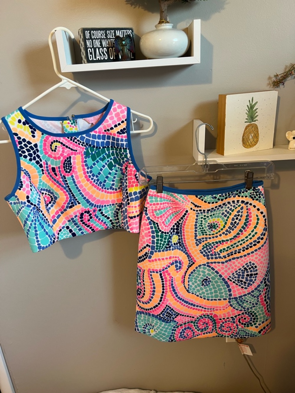 Lilly Pulitzer Pink Blue Multi-Color Mosaic Mini Skirt and Crop Top Set